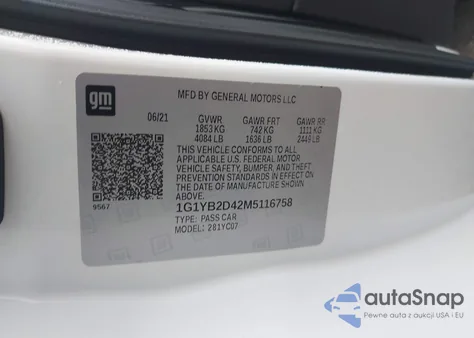 2021 Chevrolet Corvette Stingray Rwd 2Lt из США, поврежденный, VIN 1G1YB2D42M5116758